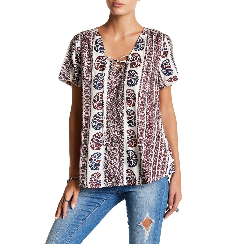 Lucky Brand Peasant Lace-Up Paisley Patriotic Top